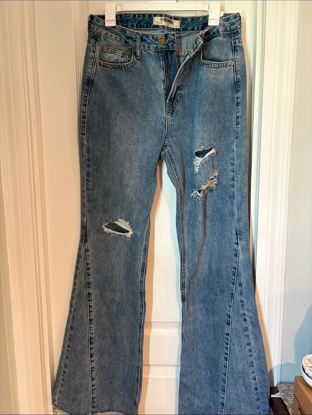 Rock & Roll Cowgirl Distressed Flared Jeans in Medium Blue